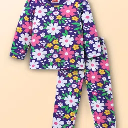 Babyhug Cotton Knit Full Sleeves Co-ords Night Suit with Floral Print - Purple image 1