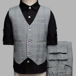 Rikidoos Full Sleeves Checked 3 Piece Party Suit Set - Grey & Black-picture-13