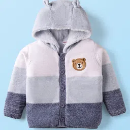 Babyhug Knit Full Sleeves Fur Lined Hooded Front Open Sweater with Color Blocks & Bear Patch - Blue-picture-14