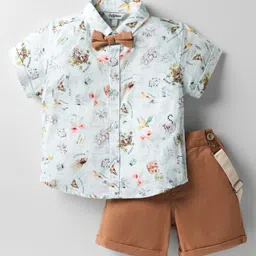 ToffyHouse Cotton Woven Half Sleeves Tropical Theme Printed Party Shirt & Shorts Set with Bow & Suspender - Brown-picture-16