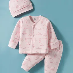 I Bears Fleece Knit Full Sleeves Co-ord Winter Wear T-Shirt & Joggers Set with Cap & Animal Print - Light Pink image 1