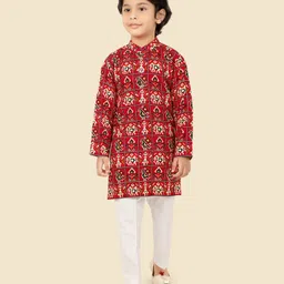 little desi Cotton Woven Full Sleeves Ethnic Printed Kurta Pyjama Set - Red-picture-18
