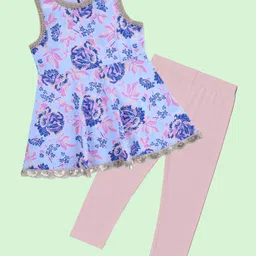 Kiddopanti Cotton Woven Sleeveless Daisy Printed Gota Lace Embellished Peplum Kurti & Leggings Set - Sky Blue & Baby Pink-picture-24