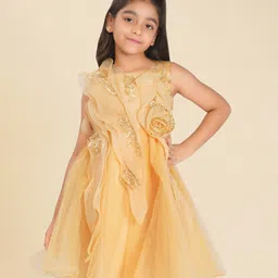 Creative Kids Satin Woven Sleeveless Floral Applique Detailed Pearls Embellished Dress - Gold-picture-13