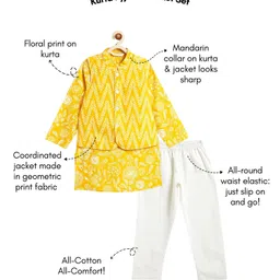 Campana 100% Cotton Woven Full Sleeves Floral & Chevron Printed Kurta Pyjama Jacket Set - Yellow & White image 3