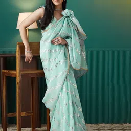 RACHNA Foil Printed Embroidered Organza Ready to Wear Saree-image-90