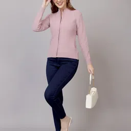 FEVERFEW Women Striped Woollen Cardigan with Zip Detail Detail image 2