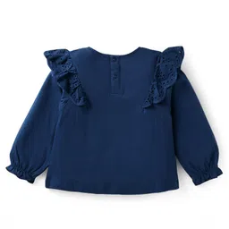 Babyhug Cotton Knit Full Peasant Sleeves Floral Embroidered Top with Frill Detailing - Navy Blue image 3