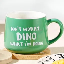 BonZeaL Green & White Printed Ceramic Glossy Mug With Dinosaur Inside Figurine-350 ml image 5