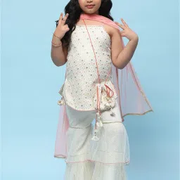 BIBA Girls Cream & Peach Embroidered Kurta, Gharara, Dupatta with Potli Bag image 5