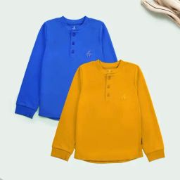 Kiddopanti Kids Royal Blue & Mustard Cotton Regular Fit T-Shirt - Pack of 2-picture-47