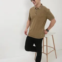 showoffff SHOW OFF Khaki Cotton Slim Fit Solid Polo T-Shirt image 5