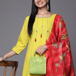 Varanga Women Lime Green Yoke Design Thread Work Kurta with Trousers & Dupatta-picture-27