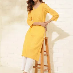 Fabindia Yellow Cotton Embroidered Straight Kurta image 5