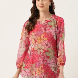 Sleek Italia Floral Print Puff Sleeves Georgette Longline Top-image-2