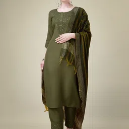 KAYOMMI Ethnic Motifs Embroidered Regular Sequinned Straight Kurta with Churidar & Dupatta-image-4