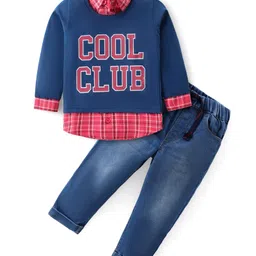 Babyhug Cotton Knit Full Sleeves Collared Overlap T-Shirt & Denim Pants Set With Text Print - Blue-picture-24