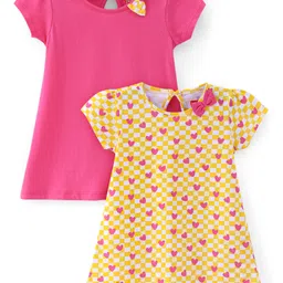 Babyhug Single Jersey Knit Half Sleeves Solid & Heart Printed Frocks with Bow Appliques Pack of 2 - Dark Pink & Yellow image 1