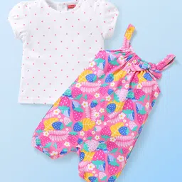 Babyhug 100% Cotton Knit Dungaree and Half Sleeves T-Shirt Set with Strawberry  Print - Multicolour-picture-30