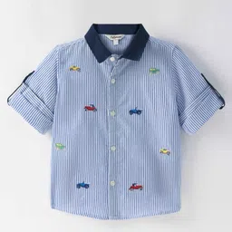ToffyHouse 100% Woven Cotton Yarn Dyed Striped Full Sleeves Regular Collar Shirt  with Car Embroidery - Blue-picture-16