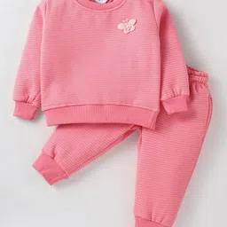 Smarty Girls Fleece Knit Full Sleeves Striped Winter Wear Co-Ord Set With Butterfly Applique - Pink-image-6