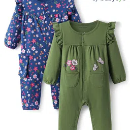 Babyoye Eco Conscious 100% Cotton with Eco Jiva FinishFloral Printed Front Open Romper with Frill Detailing & Pockets Pack of 2 - Navy Blue & Green-image-93