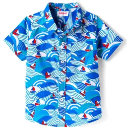 Babyhug Cotton Woven Half Sleeves Shirt with Boat Print - Blue-picture-11