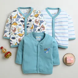 BUMZEE Cotton Pack Of 3 Full Sleeves Dinosaurs Printed & Striped Jhablas - Dusty Blue & White-picture-31