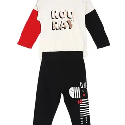 MINI KLUB Cotton Full Sleeves Colour Blocked Hooray Text Printed Onesie With Animal Printed Pant - Multi Colour-picture-25