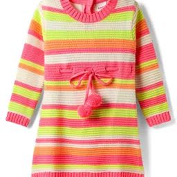 Babyhug Knitted Full Sleeves Striped Woollen Dress - Pink-picture-11