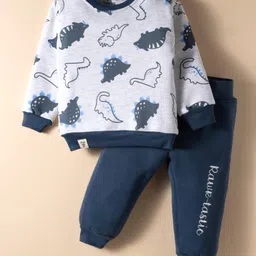 Little Darlings Fleece Knit Full Sleeves Winter Night Suit with Dino Print - Navy Blue-picture-11