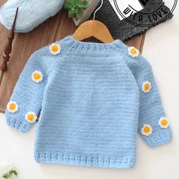 Woonie Hand Knit Full Sleeves Floral Designed Crochet Sweater - Blue-image-24