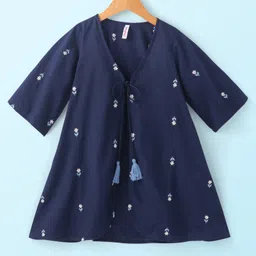 Babyhug Cotton Woven Three Fourth Sleeves Inner & Outer Set of Ethnic Dress with Floral Embroidery & Print - Navy Blue & White image 2