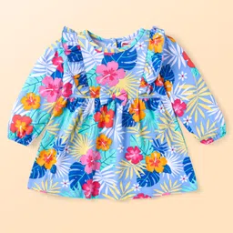 Babyhug Cotton Knit Three Fourth Peasant Sleeves Floral Printed Frock With Legging - Blue image 2