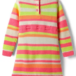Babyhug Knitted Full Sleeves Striped Woollen Dress - Pink image 2