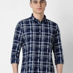 VAN HEUSEN DENIM LABS Men Spread Collar Tartan Checked Cotton Slim Fit Casual Shirt-picture-18