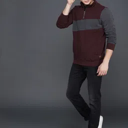 WROGN Men Maroon & Grey Colourblocked Sweatshirt image 2