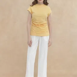 RAREISM Yellow Cotton Solid Short Sleeves Top image 5