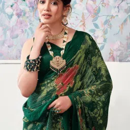 Satrani Green Floral Print Saree With Unstitched Blouse image 5