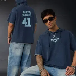 The Souled Store Blue Loose Fit Graphic Hooded T-Shirt-picture-10
