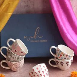 WEAVING HOMES White & Red 6 Pieces Printed Ceramic Cup Home Gift Set image 3