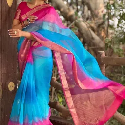 Satrani Blue & Pink Woven Saree With Unstitched Blouse image 5