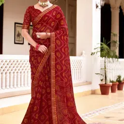 Satrani Red Printed Saree With Unstitched Blouse-image-3