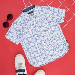 Pantaloons Junior Kids White & Blue Cotton Printed Shirt-image-32