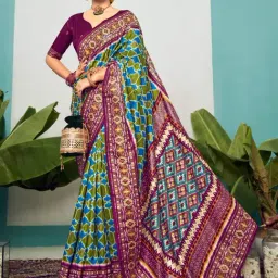 Saree Mall Blue & Purple Silk Printed Saree With Unstitched Blouse-image-14