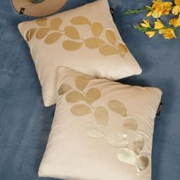 HOSTA HOMES Cream-Coloured & Gold-Toned 2 Pieces Printed Velvet Square Cushion Covers-picture-34