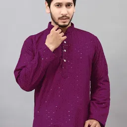 ALMORA Men Ethnic Motifs Embroidered Regular Sequinned Pure Cotton Kurta with Pyjamas-picture-26
