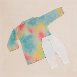 KNITROOT Kids Pastel Tie-Dyed Band Collar Full Sleeves Regular Kurta with Pyjamas image 2
