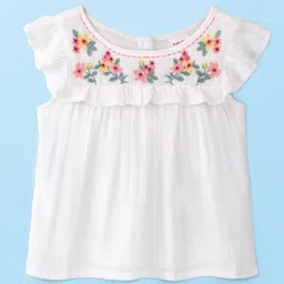 Babyhug 100% Rayon Woven Crinkle Crepe Frill Sleeves Woven Top With Floral Embroidery - White-picture-12