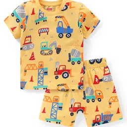 Babyhug Cotton Knit Half Sleeves Vehicles Printed Night Suit - Yellow-picture-10
